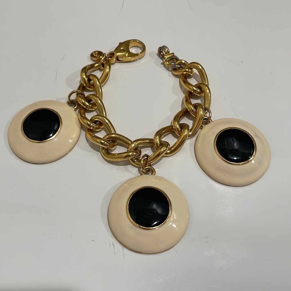 ⭐️Escada Vtg.  Modernist Cream With Black Dots Gold Heavy Bracelet-STUNNING!
